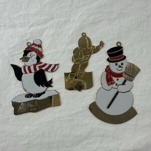 3 christmas ornaments gloria duchin & L Vernon Flat gold metal Vintage Penguin